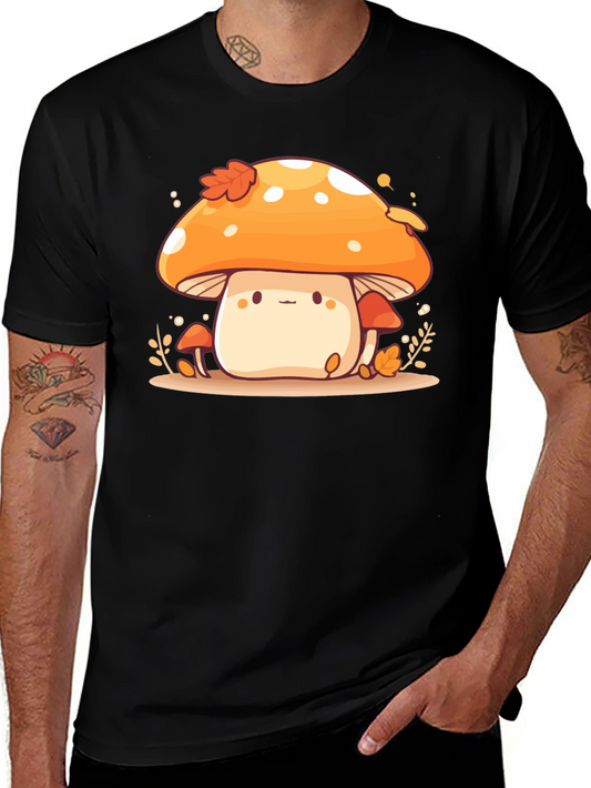Cute Mushroom Graphic Tee - Black Cotton Blend T-Shirt