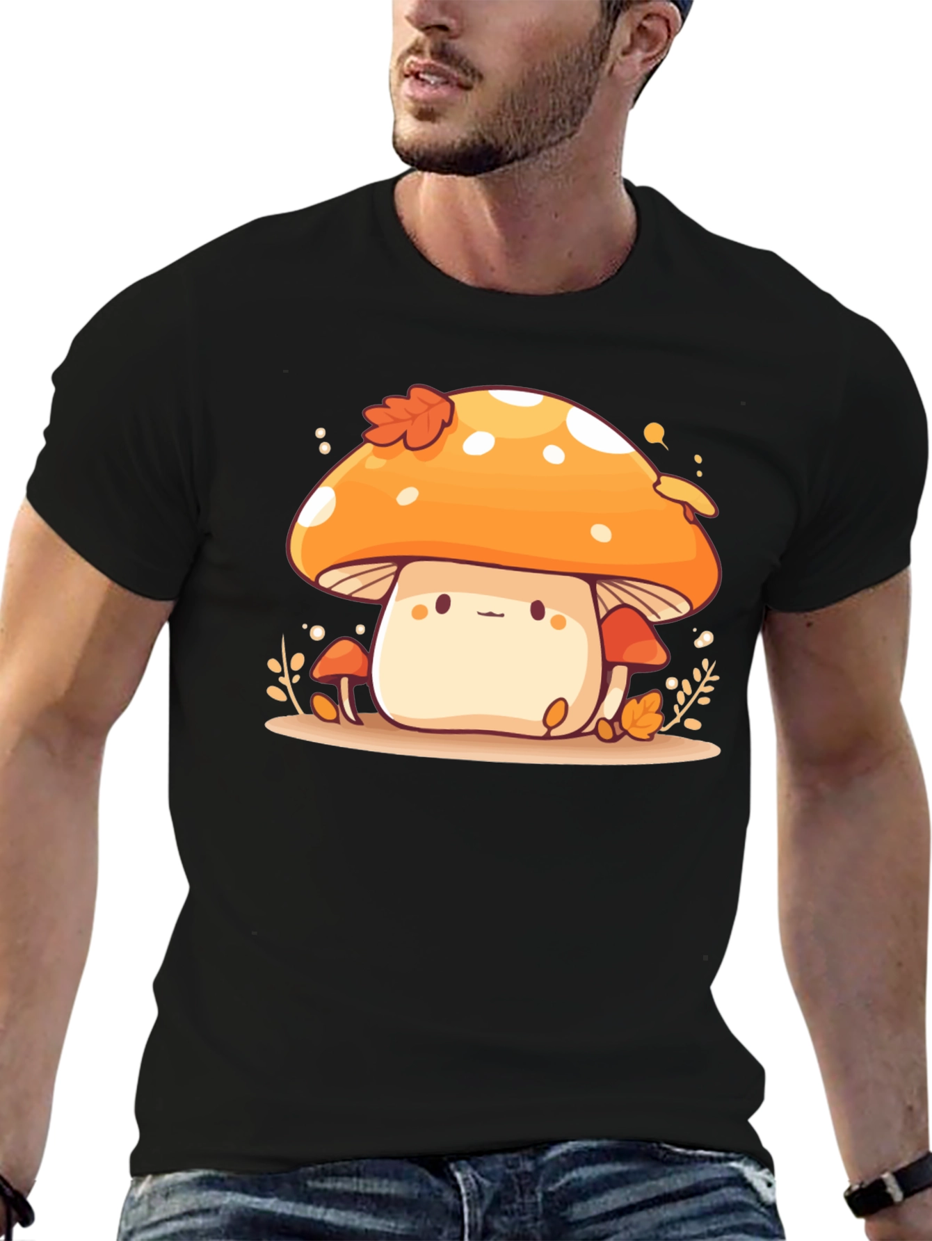Cute Mushroom Graphic Tee - Black Cotton Blend T-Shirt