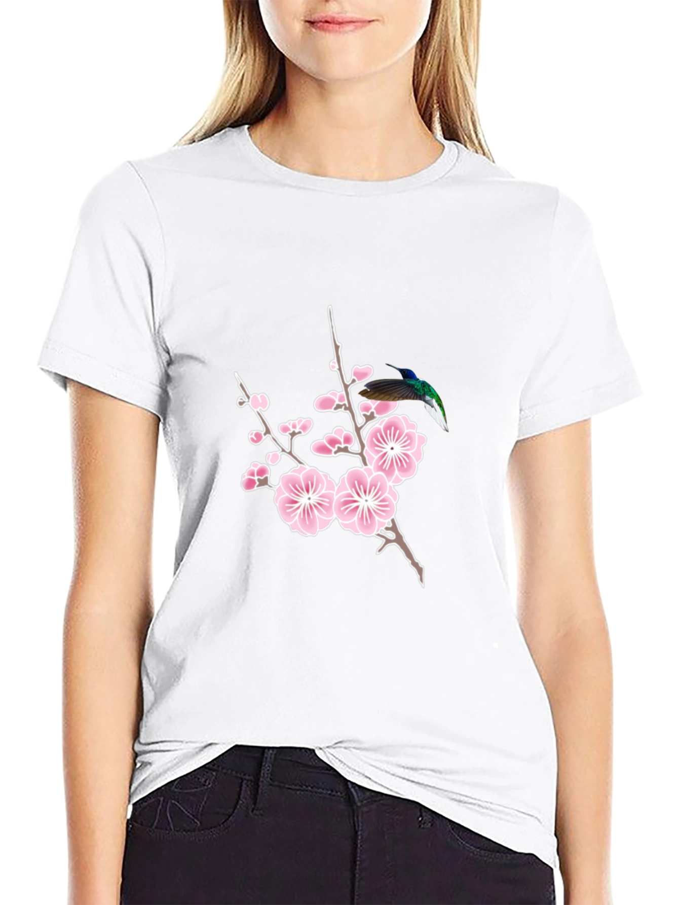 Hummingbird & Cherry Blossom Graphic Tee - Black Cotton