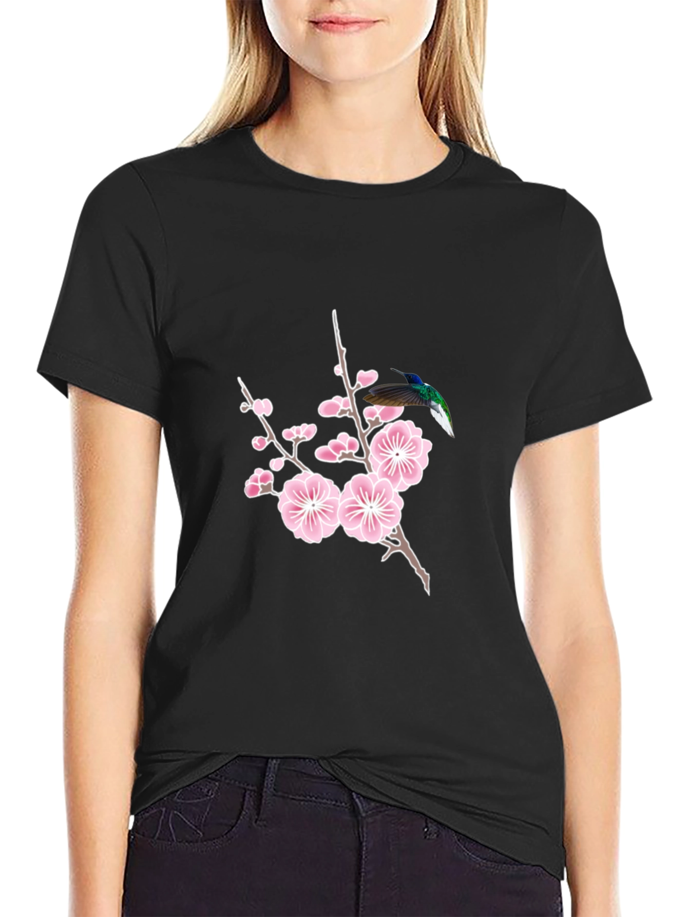 Hummingbird & Cherry Blossom Graphic Tee - Black Cotton