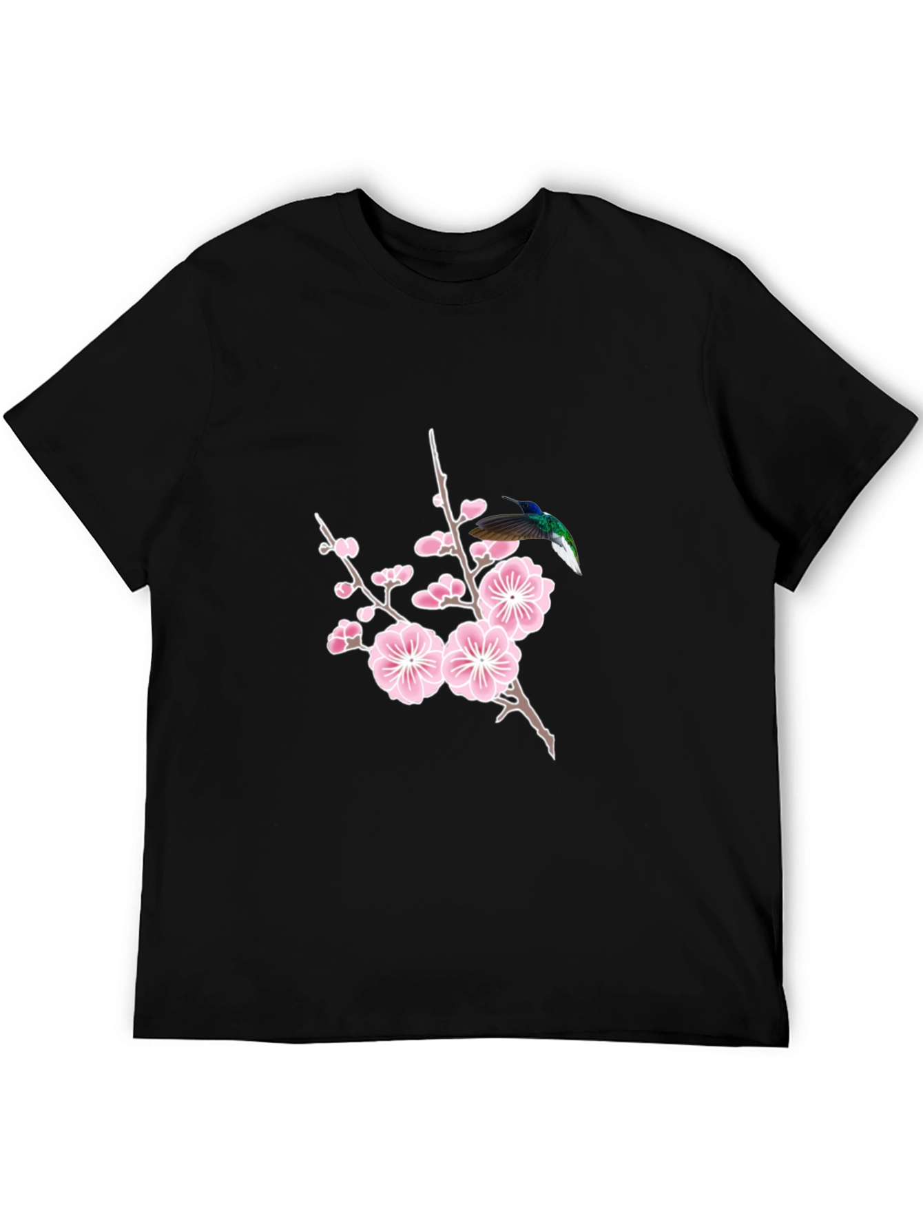 Hummingbird & Cherry Blossom Graphic Tee - Black Cotton