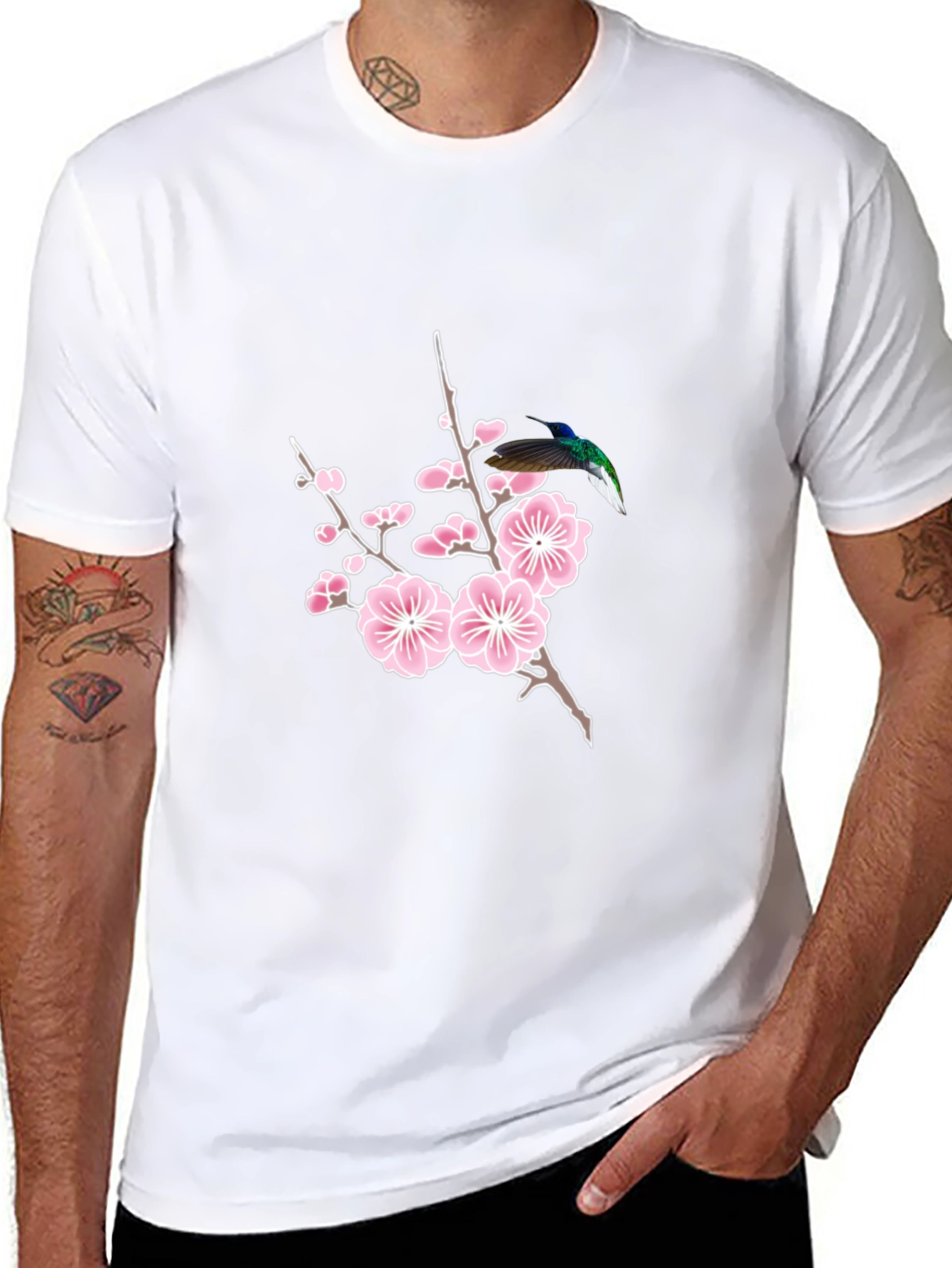 Hummingbird & Cherry Blossom Graphic Tee - Black Cotton