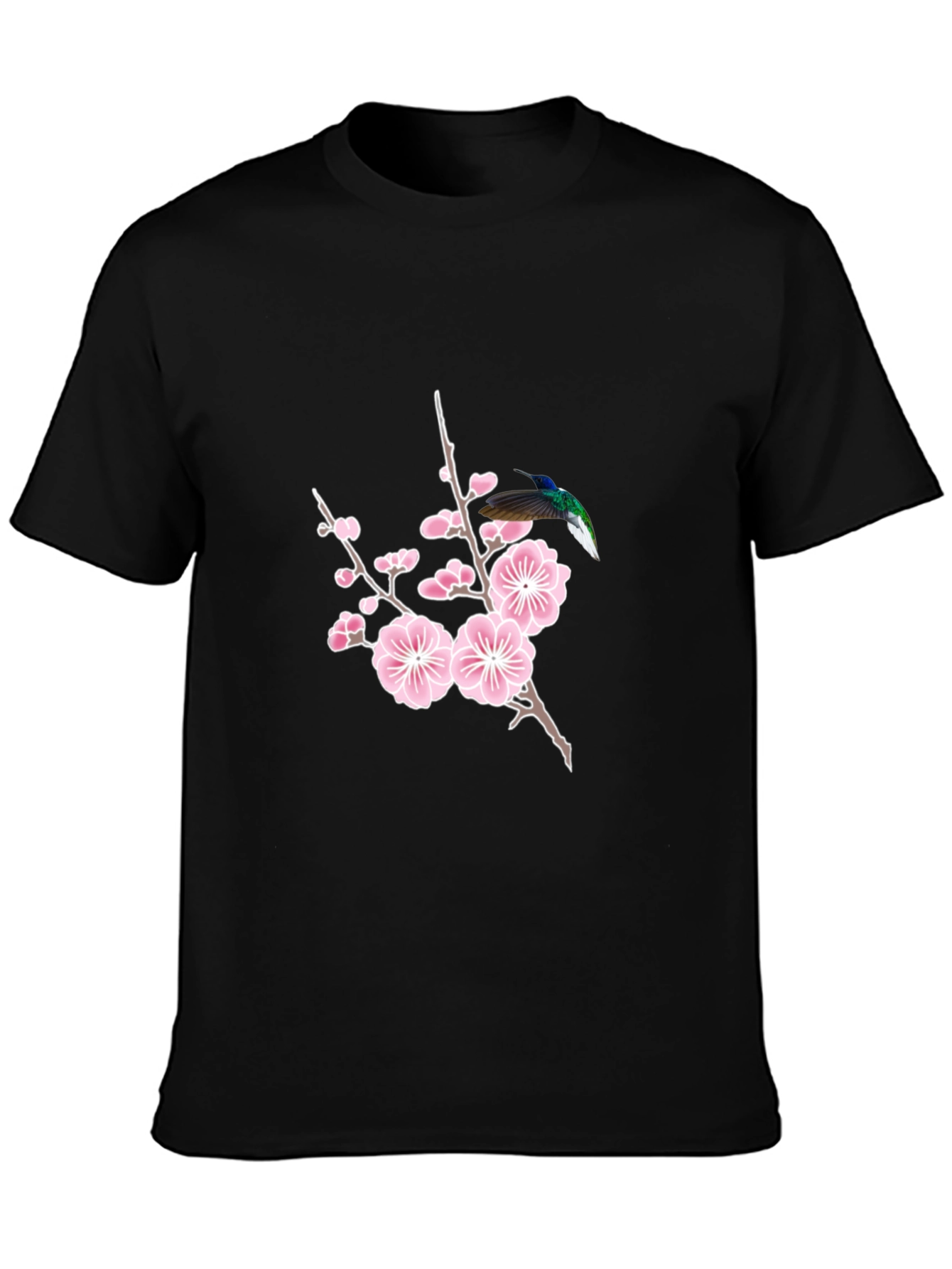 Hummingbird & Cherry Blossom Graphic Tee - Black Cotton