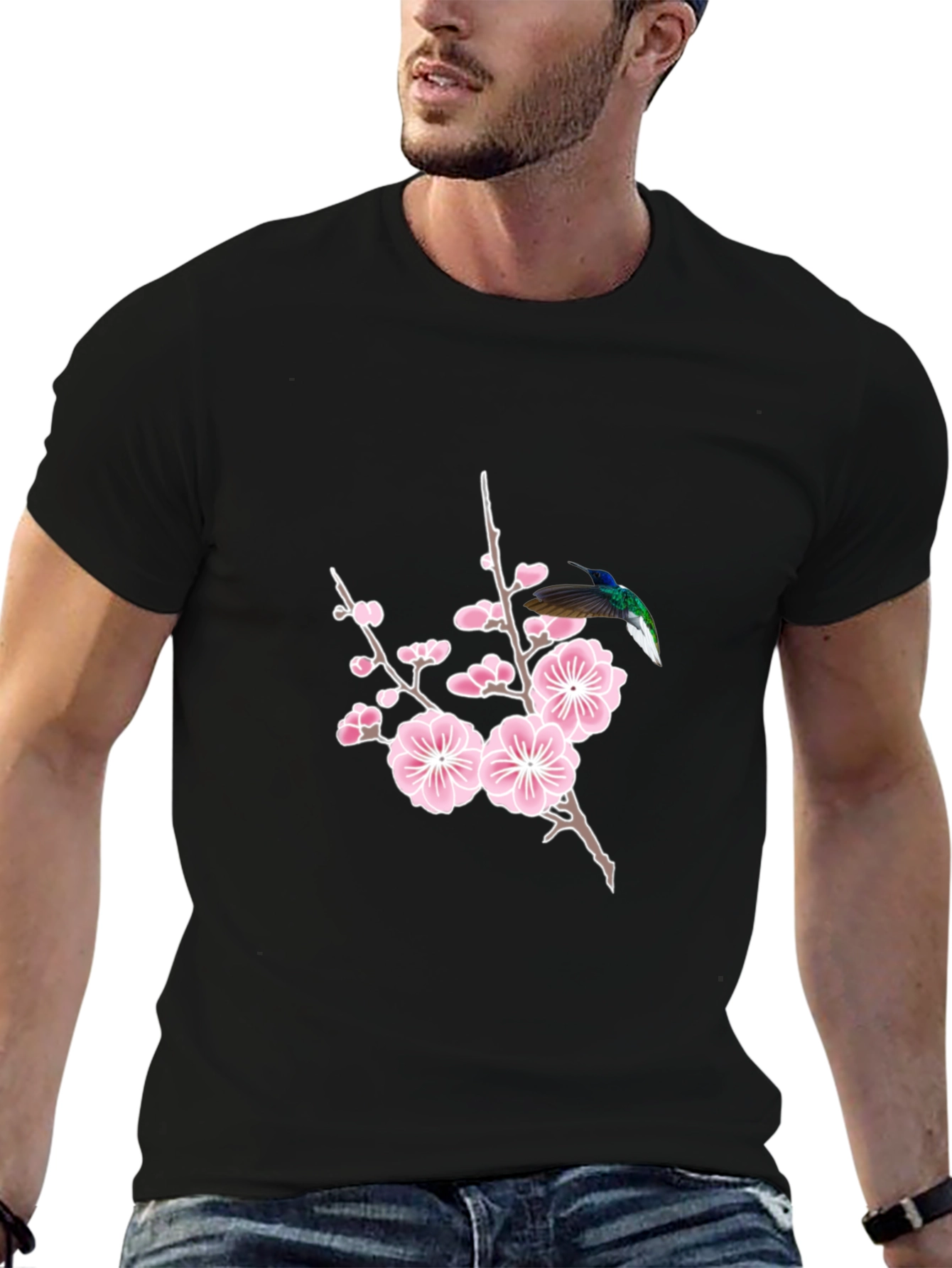 Hummingbird & Cherry Blossom Graphic Tee - Black Cotton