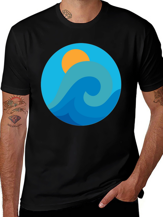 Ocean Wave Graphic Tee - Black Cotton Blend T-Shirt