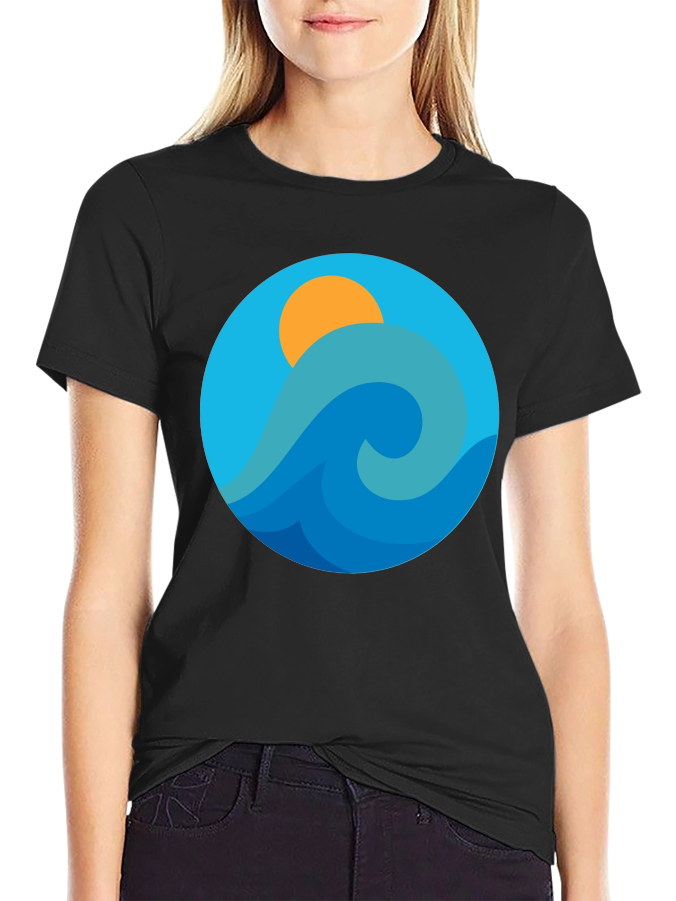 Ocean Wave Graphic Tee - Black Cotton Blend T-Shirt