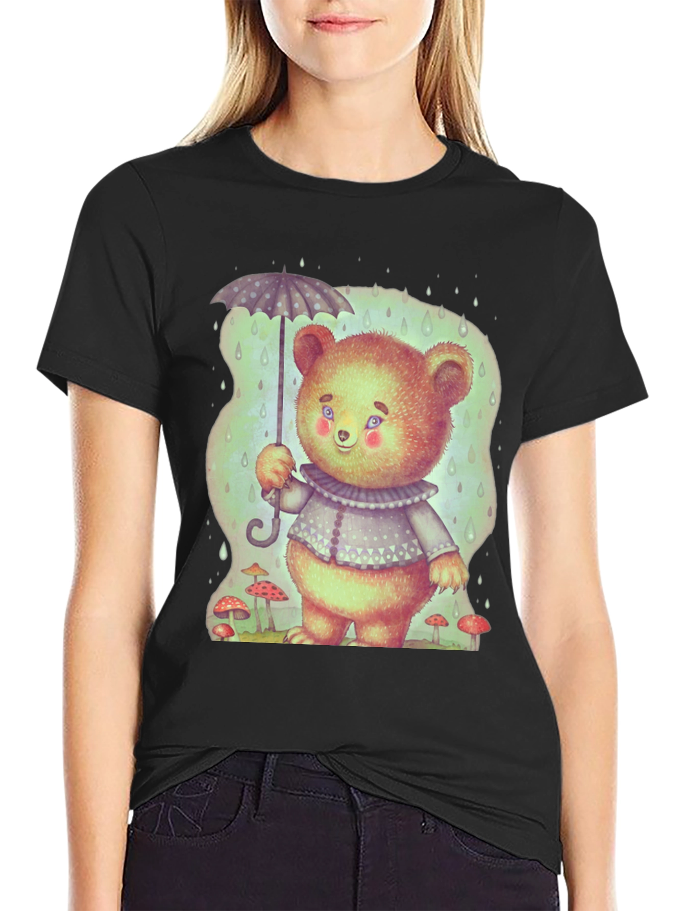 Cute Bear with Umbrella Black T-Shirt