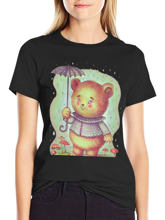 Cute Bear with Umbrella Black T-Shirt