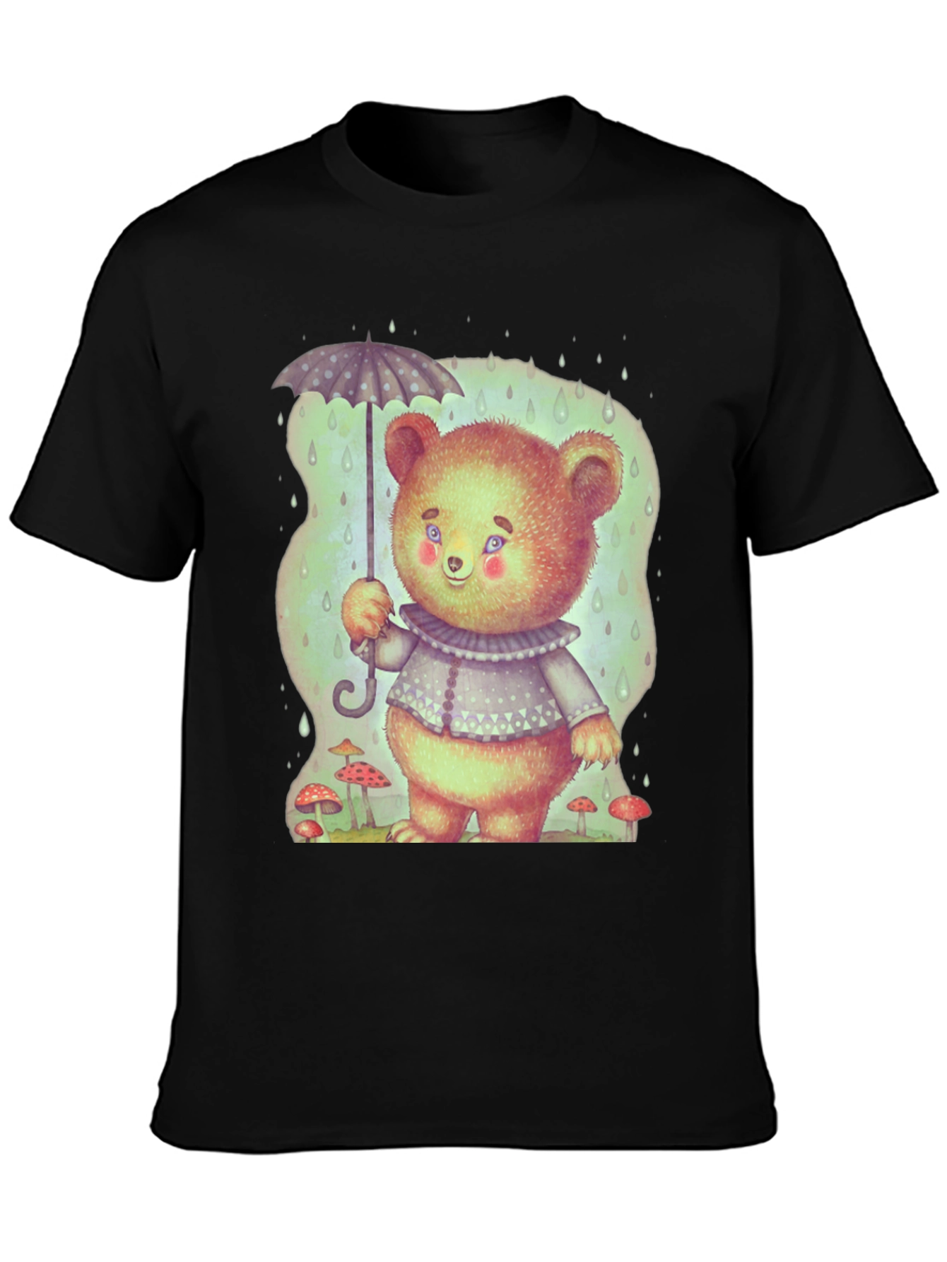 Cute Bear with Umbrella Black T-Shirt