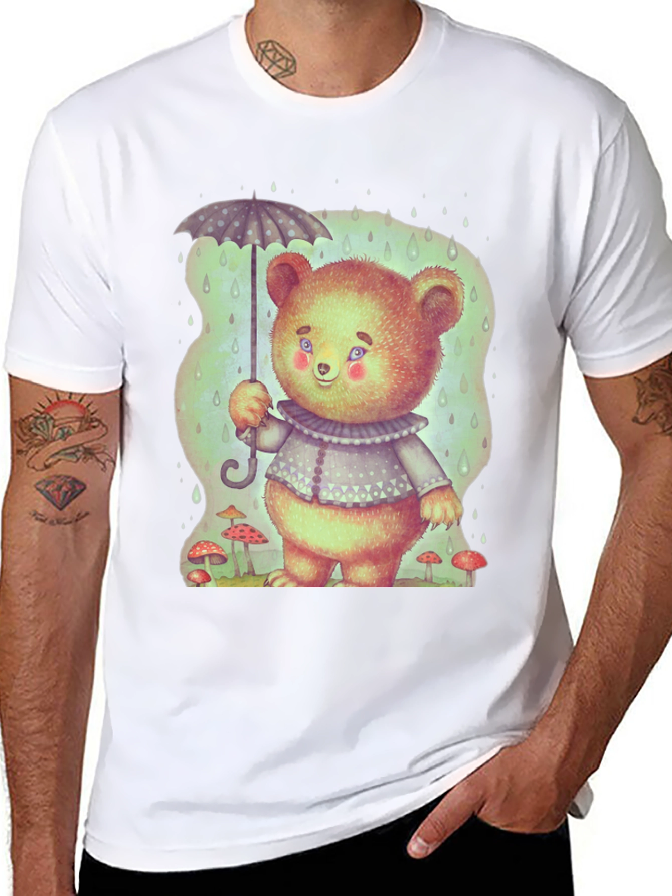 Cute Bear with Umbrella Black T-Shirt