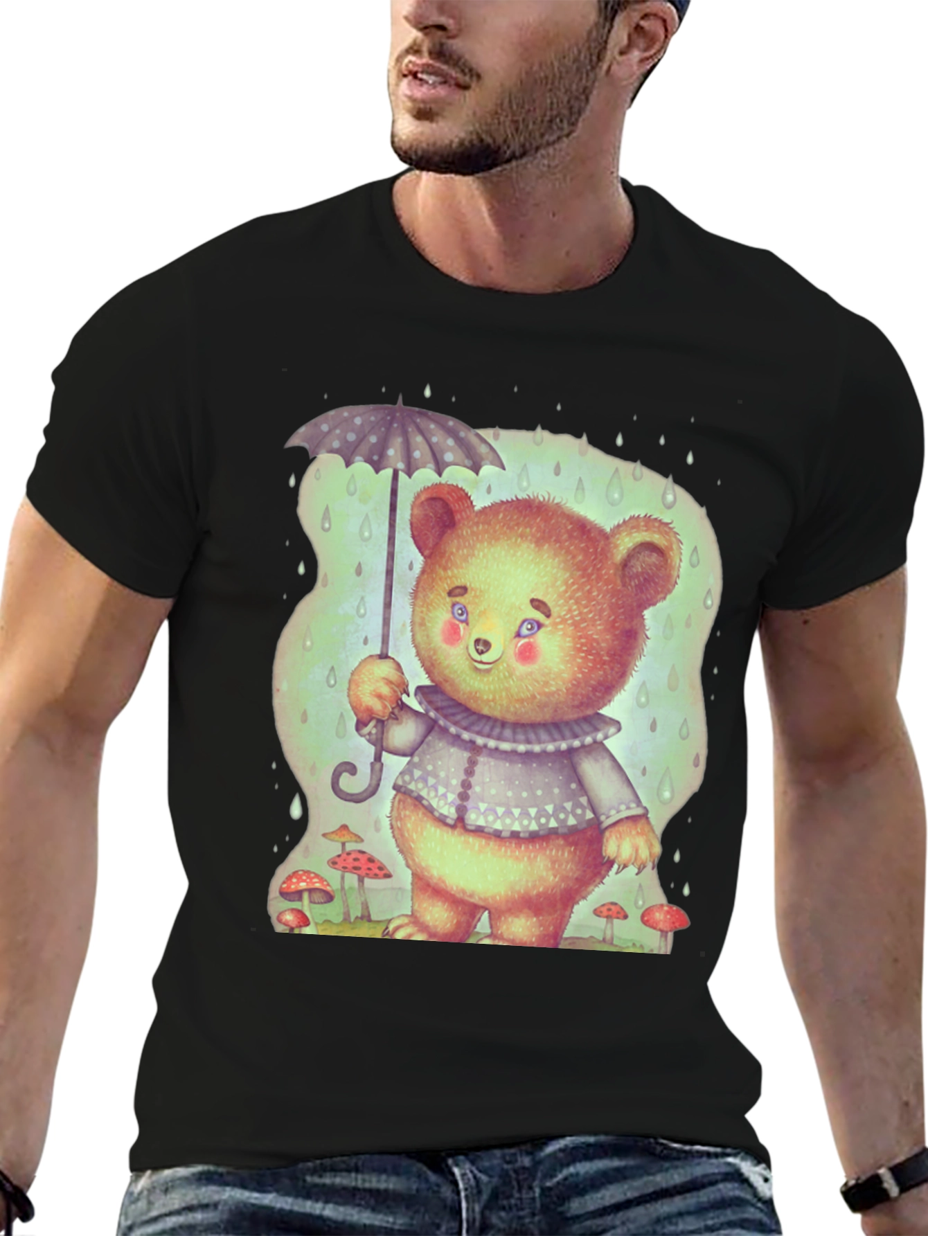 Cute Bear with Umbrella Black T-Shirt