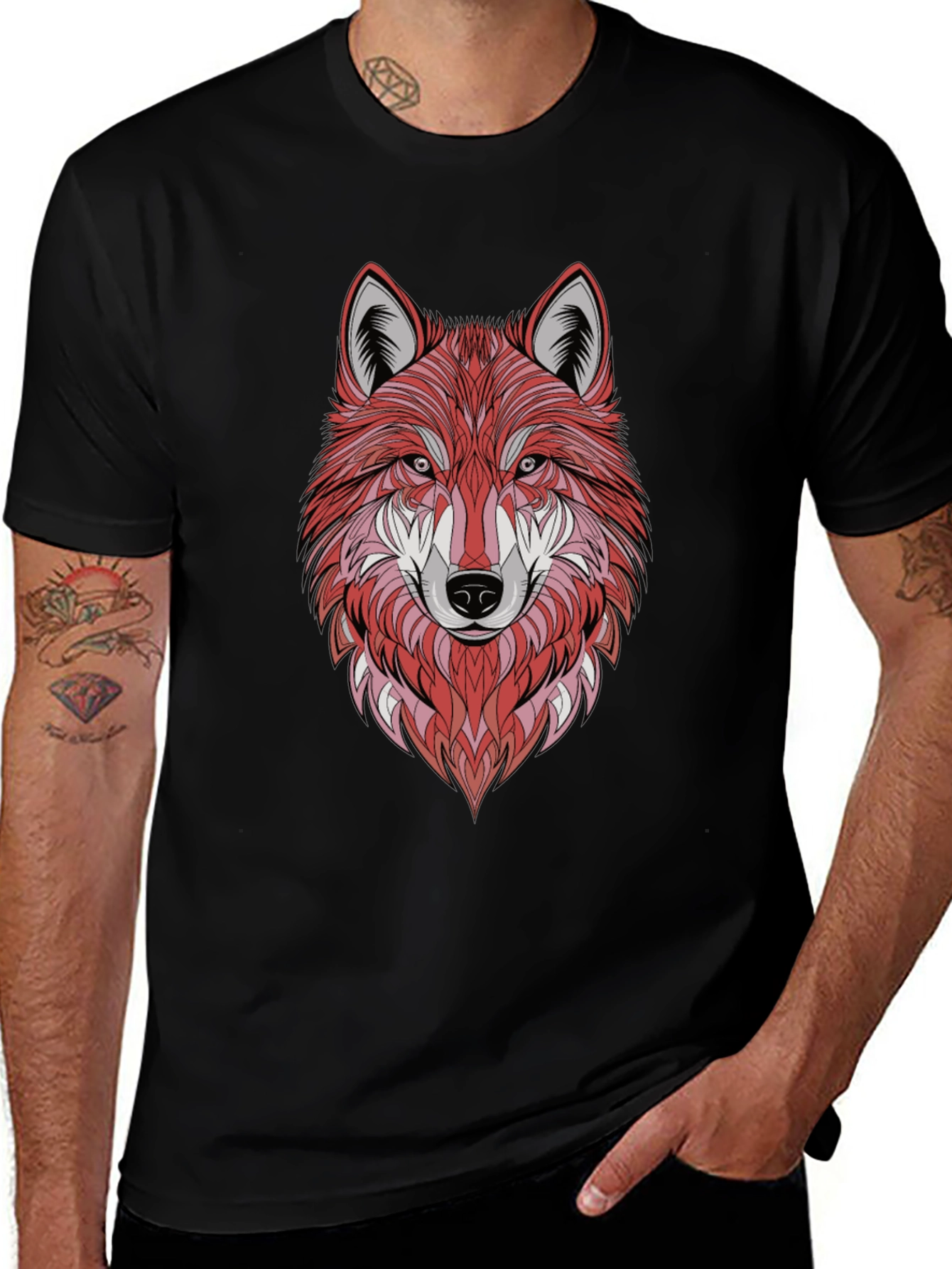Geometric Wolf Graphic Tee - Stylish Mens Black T-Shirt
