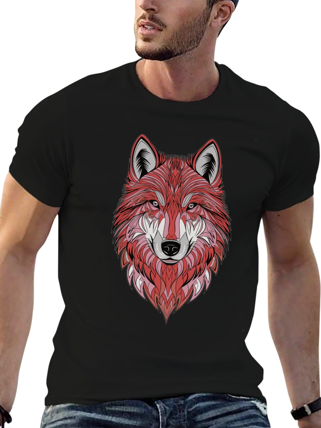 Geometric Wolf Graphic Tee - Stylish Mens Black T-Shirt