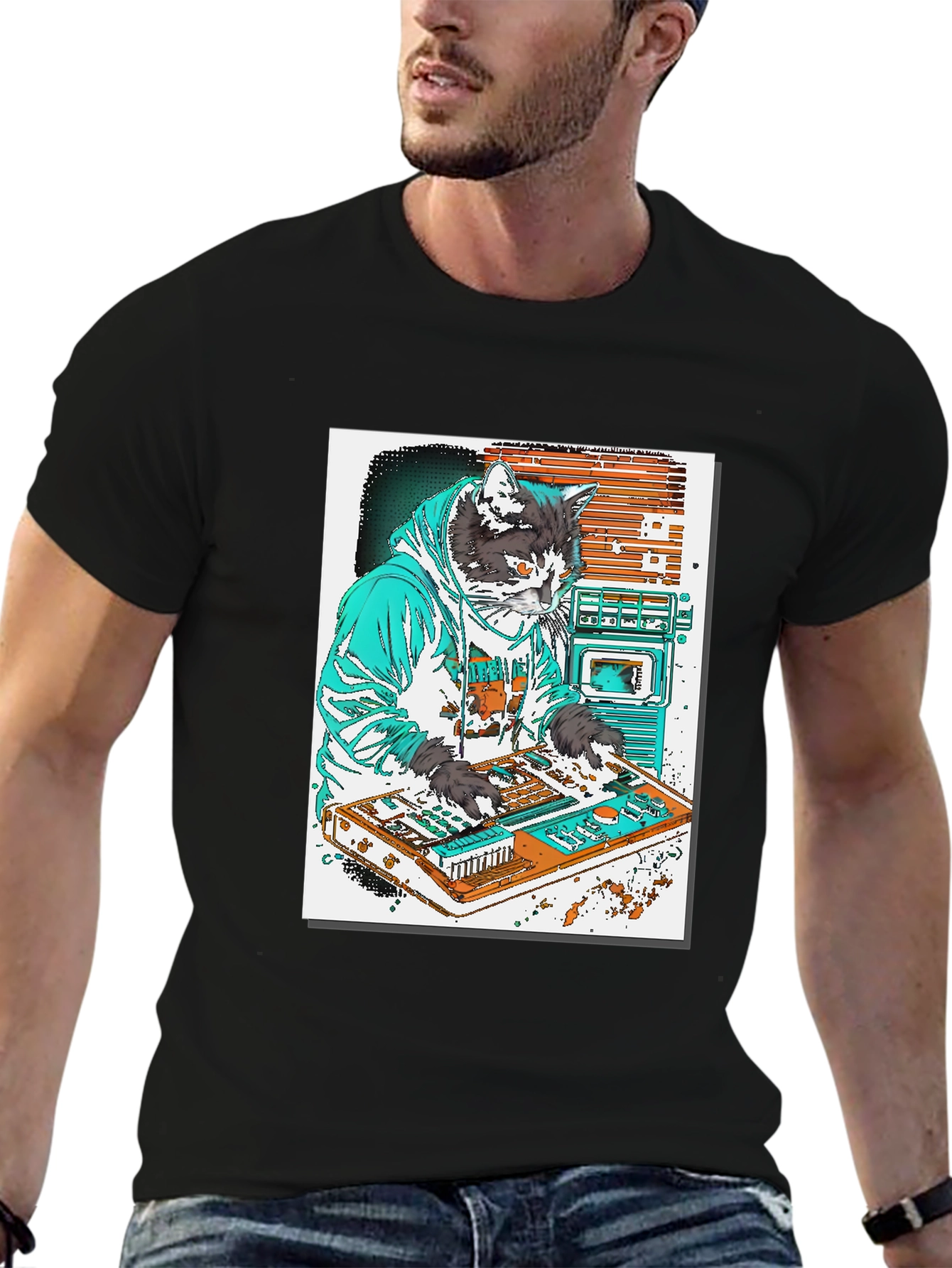 DJ Cat Graphic T-Shirt - Black